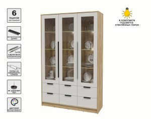 ШКАФ С ВИТРИНОЙ КТ-ШВ3 С ПОДСВЕТКОЙ (ДУБ ЗОЛОТОЙ ЛДСП/ ПЕРСИДСКИЙ ЖЕМЧУГ ЛДСП) Ш1360 В2128 Г451